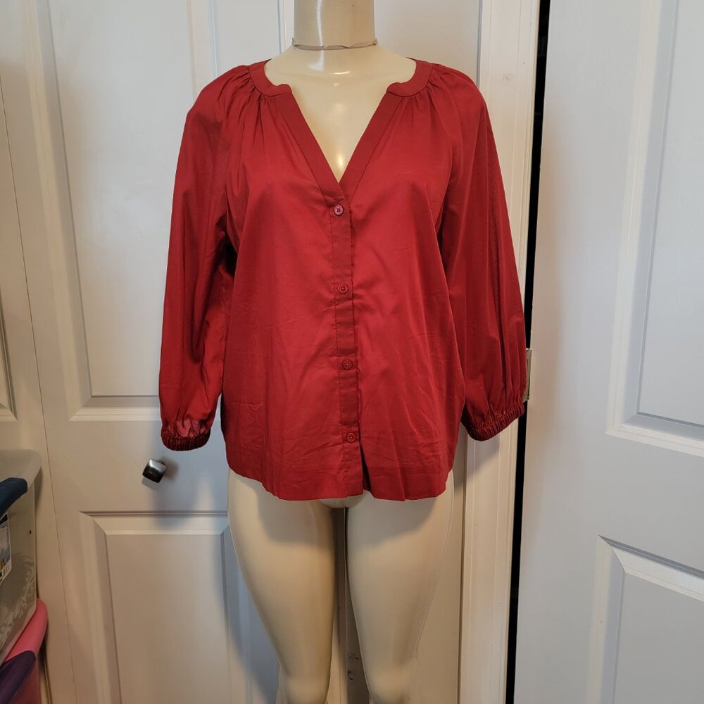 Alfani Terra Nova Cardinal Rouge Red V Neck Button Down Peasant Blouse - Picture 4 of 16